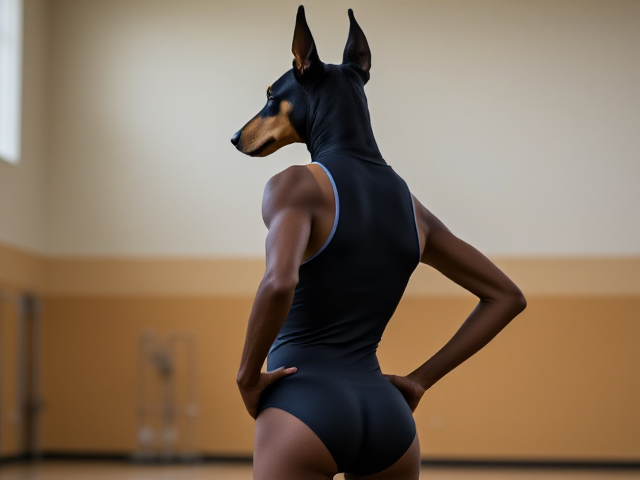 Anthropomorphic Doberman wearing a gymnastics leotard, posing with emphasis on its hips in a gymnasium setting, detailed and vibrant colors