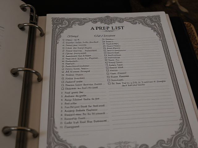 A prep list inside a binder.