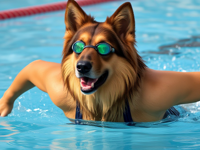 A anthropomorphic long haired German shepherd Olympic swimmer wearing a one piece swimsuit and swimming goggles
