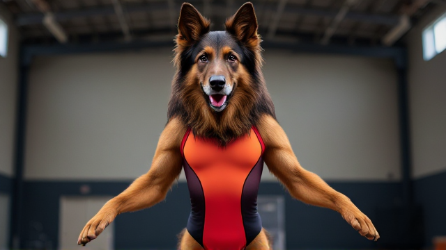 Anthropomorphic Long-Haired German Shepherd wearing a vibrant gymnastics leotard, posing dynamically in a gym setting, detailed fur texture and realistic lighting