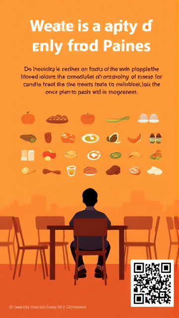 graphic design, teen demographic, health infographic, food related, array of table and chairs on the foreground, teenager sitting, flat colored, silhouette, information written on the upper half, big text, QR code on the bottom side