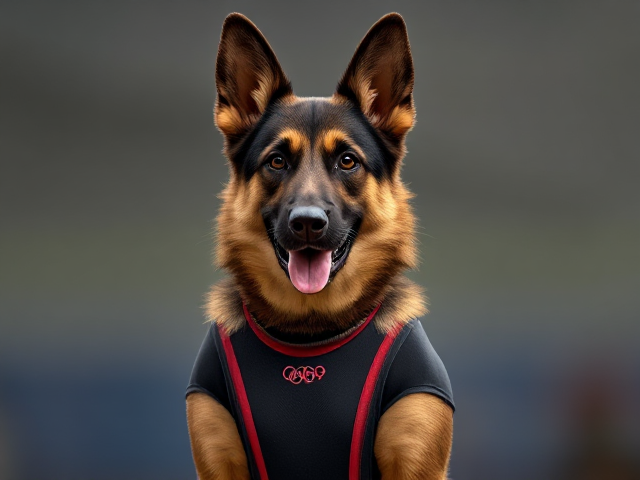 A German shepherd Olympic gymnast wearing a leotard