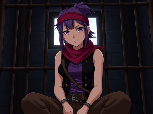 A fiercely determined pirate girl, her vibrant purple hair pulled back by a matching hair band, dressed in a ragged yet iconic purple tank top and brown pants. She is captured in a moment of quiet contemplation, her serious expression reflecting the gravity of her situation as she sits in a cold, dark prison cell. A crimson scarf is wrapped around her neck, standing out like a beacon of defiance against the bleak backdrop of the cell. Her attire is completed by a black sleeveless vest adorned with intricate golden trims, hinting at her adventurous past and perhaps a touch of her stolen treasure. Despite the shackles binding her wrists and the thick, rusty bars that cage her in, she holds herself with a stoic poise that belies her youthful spirit. The stark contrast between the warmth of her clothing and the harsh, shadowy cell creates a powerful visual narrative of hope and resilience in the face of adversity. The single beam of moonlight that pierces through the tiny barred window casts an eerie glow on her face, illuminating the unyielding strength in her eyes as she plans her daring escape from captivity. Her story unfolds not through words, but through the silent language of her posture and attire, inviting the viewer to imagine the thrilling tales of piracy and valor that led her to this fate.