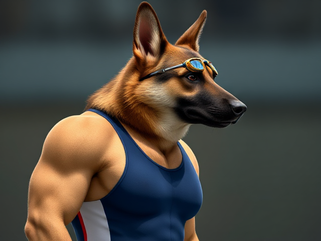 A tall anthropomorphic German shepherd Olympic swimmer with a long torso and broad shoulders wearing a racing swimsuit and goggles