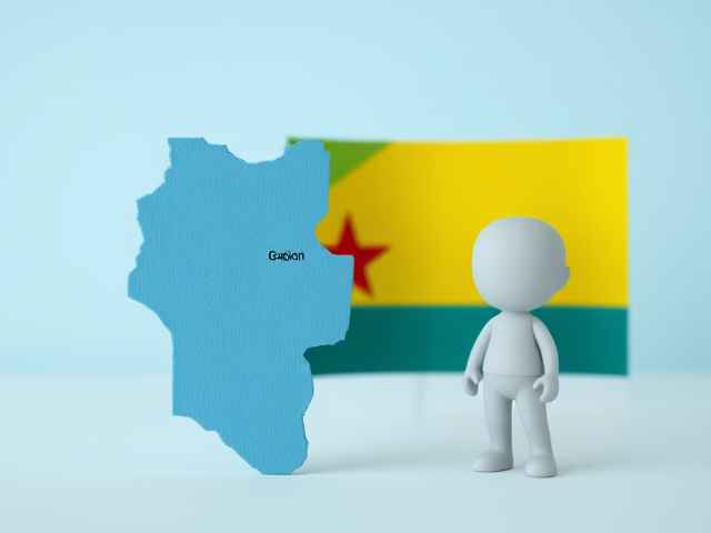 Carte du Gabon placée à côté d'un drapeau vert, jaune et bleu à bandes horizontales, avec des détails clairs et précis