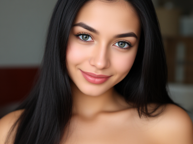 Beautiful Latina woman, captivating grayish-green eyes, long black straight hair, thick and beautifully shaped eyebrows, fair and flawless skin, rosy cheeks with a healthy glow, light pink thin lips forming a gentle smile, feminine silhouette with big round breasts and small round hips, exuding charm and cuteness