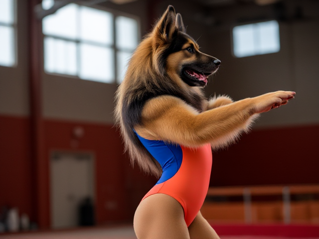 Anthropomorphic Long-Haired German Shepherd wearing a vibrant gymnastics leotard, posing dynamically in a gym setting, detailed fur texture and realistic lighting