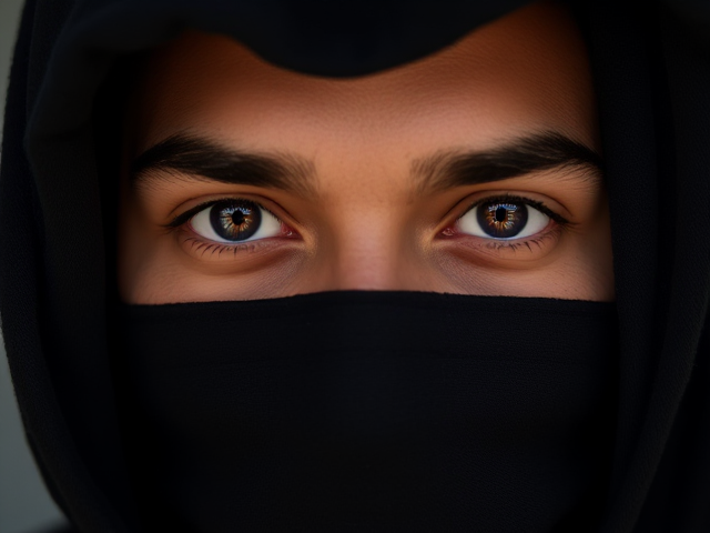 Tan, violet siren eyes, male, Arab, mask, black hair covered