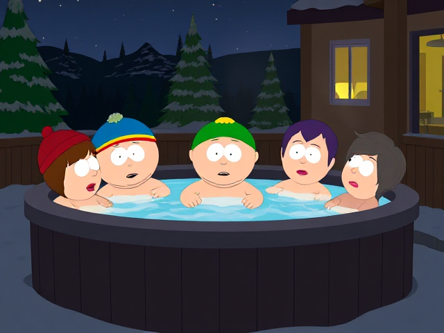 Eric Cartman and his friends sitting in a hot tub at night