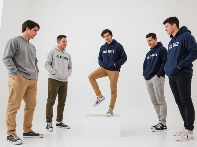Group of young adults in Old Navy khakis and hoodies and Chucks sneakers standing with one foot on top of a small riser in a white room