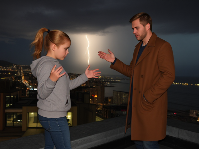 A petite 13-year-old girl with strawberry blonde hair in a ponytail, wearing a hooded pullover and jeans, is standing on the roof ledge of a night club. Next to her on the roof, standing nearby is a modern-day, pale skinned vampire in his late twenties, with blonde hair, dressed in a brown trench coat and jeans. He appears uneasy as he looks at her, holding his hands out and palms up, taking a step back. The girl gestures angrily at him with her hands, flailing her arms and with a scowl on her face. at him in frustration. A thunderstorm approaches the cityscape from the sea shore. Set at night. The girl has a cut in her forehead.