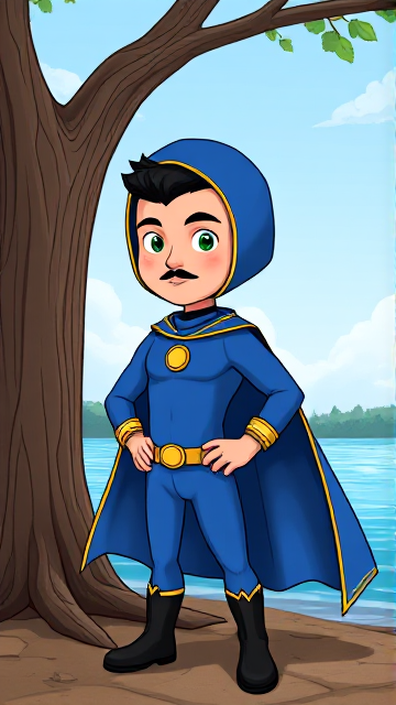 Cartoon scene: A preteen 12-year old boy with light skin and freckles on his cheeks named Kyle Lipton, but transformed into a superhero named Dr. Dimensionpants, who, despite still being a kid, has an extremely muscular body. He wears a tight blue hood outlined by a yellow line that covers the back half of his head and leaves his ears exposed, with a smooth, slicked back black mohawk on top. He also wears a sleek blue bodysuit outlined with yellow lines on the cuffs of the sleeves and pants, a golden belt with a circular buckle, black boots, and a really big, heel-length long, ultra-wide blue cape with a really big collar outlined with yellow lines wreathed around his neck held up by a golden button. The pupils in his eyes are green, and he has a black twin moustache. He also has incredible, invincible, and cosmic superpowers flowing through his veins. He is currently standing by a tree at the shoreline of a lake, taking a moment to truly admire his new appearance, form, and identity.