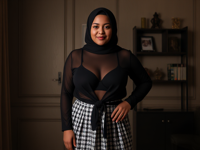 a photorealistic image of a curvy mature aunty standing in a sophisticated, dimly lit room with elegant, textured walls and a shelf filled with decorative books and ornaments. The model is placed, framing her face as she looks directly at the viewer with a warm, engaging expression. She’s wearing a hijab, black sheer long-sleeve top, knotted at the waist, revealing a black bralette underneath, which adds a stylish, edgy touch. She pairs the top with a high-waisted, pleated black-and-white houndstooth mini skirt, giving a chic, balanced look. The lighting highlights her natural beauty and accentuates the textures in her outfit, creating an intimate and inviting atmosphere.