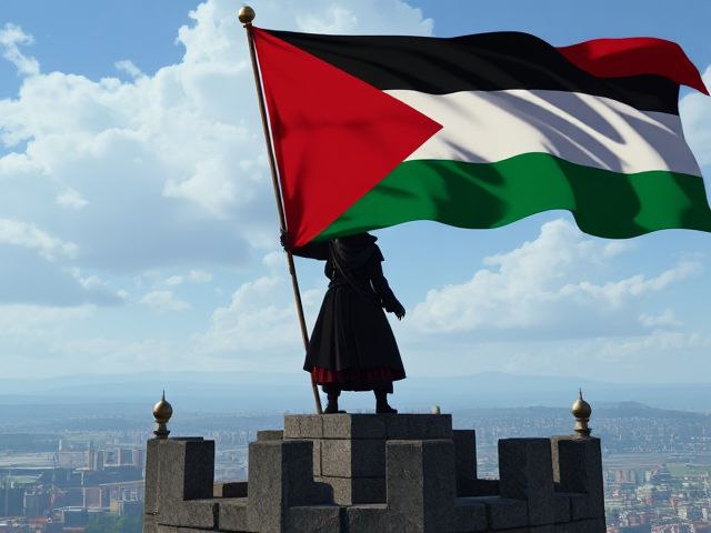 the Palestinian Flag being waved by a hooded figure on top of a tower as he watches over the people of Palestine as a guardian after they have been surviving the attacks they are under. Animated in the style of the game Ghost of Tsushima