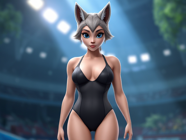 A feminine wolf Olympic swimmer with a long torso, short legs, long arms and broad shoulders, wearing a one piece swimsuit