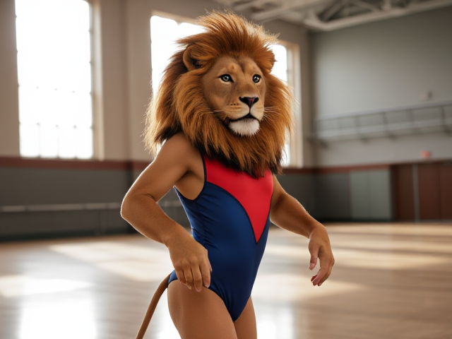 Lion wearing a gymnastics leotard in a gymnasium, vibrant colors, dynamic pose, detailed fur texture, sunlight streaming through windows