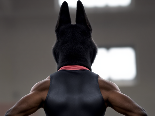 A anthropomorphic black German shepherd Olympic gymnast wearing a leotard