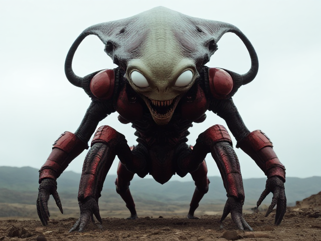 un très grand alien effrayant aux yeux blancs petite tête une armure rouge 4 bras et huit jambes