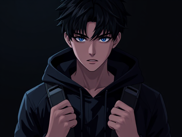 A young man with tousled black hair and striking blue eyes, wearing a sleek, tactical-style futuristic hoodie pulled up, standing in deep shadow looking down, anime style