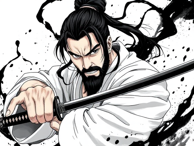 a dynamic, anime-style illustration of a fierce samurai warrior. The warrior should have a focused, intense expression, with long dark hair tied back, a rugged beard, and a traditional white samurai robe that's slightly tattered. His hand grips a katana with the blade drawn downward. Black, inky tendrils swirl around him, adding a sense of dark, chaotic energy. The background should be minimal to keep focus on the samurai, with brushstroke-style effects and splashes that enhance the dramatic, intense atmosphere. The art style should have rough, bold lines and a monochromatic colour palette with high contrast.
