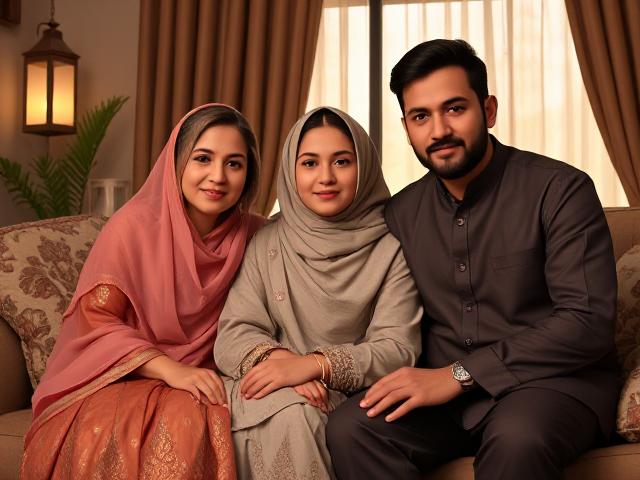 Generate a detailed, artistic illustration of a multigenerational Indian family in a warm, intimate setting. The scene should feature three individuals: a mature woman in her 40s, her daughter in her 20s, and her son-in-law. They are dressed in elegant, traditional Muslim attire—think flowing, intricately embroidered kurtas, dupattas, and salwar kameez—with a focus on rich fabrics and cultural motifs. The setting should be cozy and inviting, perhaps a softly lit room with traditional decor like lanterns, carpets, and embroidered cushions. The mood should be serene and affectionate, emphasizing family bonds and cultural heritage. Avoid any explicit or inappropriate content; focus on elegance, warmth, and respect."