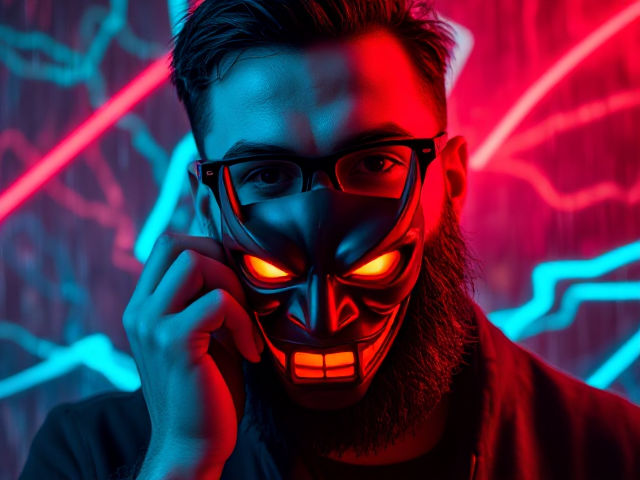 A man with a bushy beard and wearing black-framed eyeglasses holding an Oni Masks close to their face. Neon lighting in shades of red and turquoise adds a vivid, cyberpunk aesthetic to the scene. The background features dynamic, abstract patterns and splashes of glowing, energetic lines, enhancing the fierce and mysterious atmosphere. Rain effects add to the dramatic tone, with raindrops cutting through the vibrant lighting.