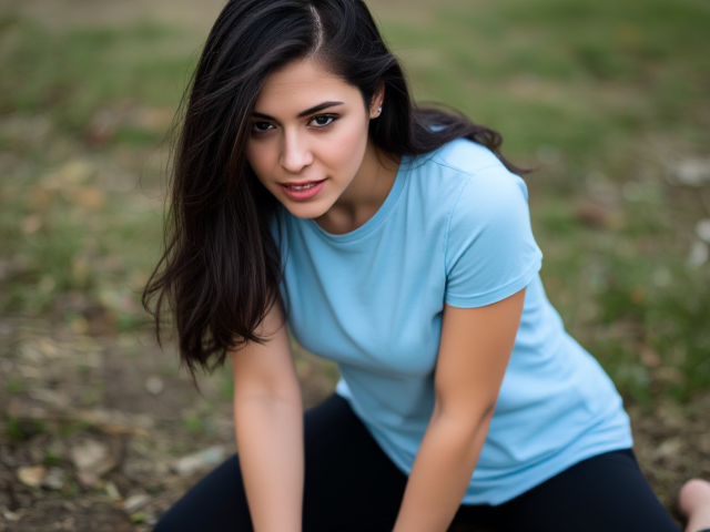 Beautiful Brunette with dark hair wearing a light blue t shirt and black yoga pants found  on her knees in fear