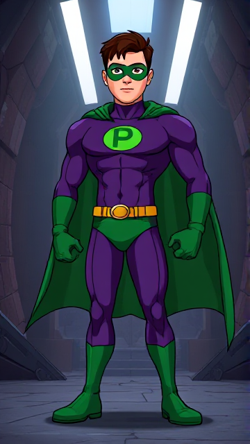 Modern Cartoon scene: A young, Autistic 25-year old boy with light skin and flat, smooth, and slick brown hair named T.J. Granger, but transformed into a genetically-altered superhero named Powerman, who, despite still being a young adult kid, has an extremely muscular body. He wears a sleek purple suit with a green P symbol on his chest, a gold belt with a circular buckle, green briefs, green boots, green long-cuffed gloves, a really big, toe-length long, ultra-wide green cape wreathed around his neck, and a green eye mask that protects his true identity. He also has incredible and invincible superpowers flowing through his veins. In this scene, Powerman is currently standing in his secret high-tech underground lair, ready for action.