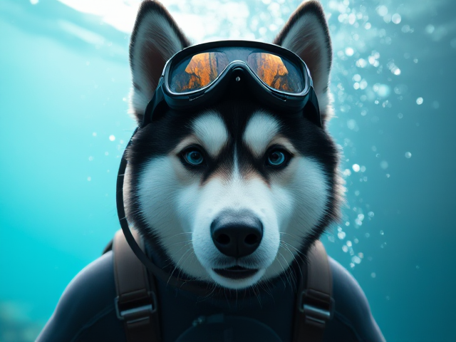 A Alaskan malamute freediver wearing a wetsuit and goggles