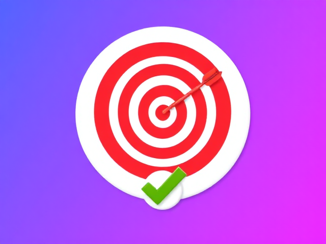Add a bold, colorful icon of a red and white bullseye target positioned in the top-left area of the image. Ensure the target has clean concentric circles with a red arrow piercing through the center, symbolizing focus and achievement. Surround the icon with a simple, rounded white background to make it stand out against the blue-purple background. Place a small green checkmark directly below the icon, ensuring the checkmark has a bright green color and a slight shadow for depth. The overall design should look clean and sharp to emphasize its importance.