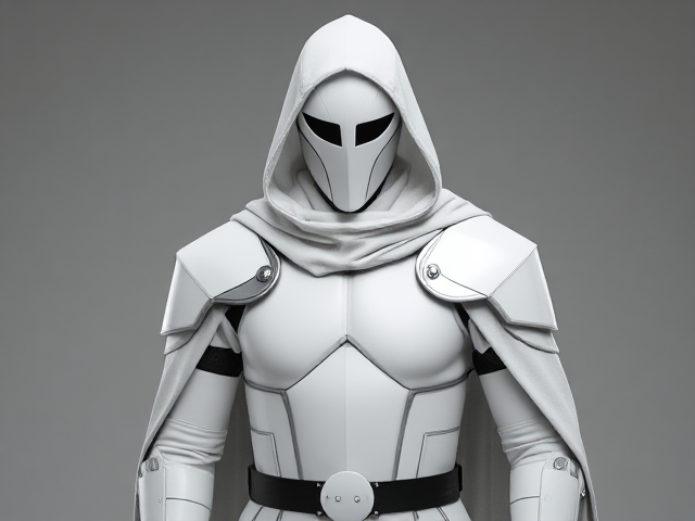 man wearing a suit of minimalist white armor with a silver cloak and a mask that hides all features