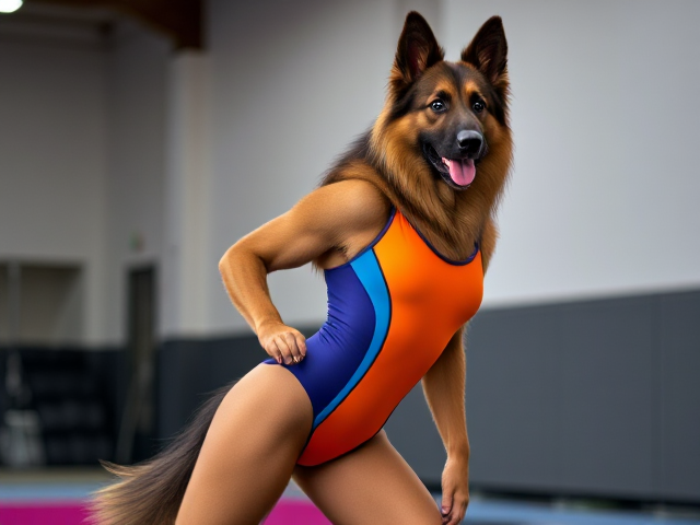 Anthropomorphic Long-Haired German Shepherd wearing a vibrant gymnastics leotard, posing dynamically in a gym setting, detailed fur texture and realistic lighting