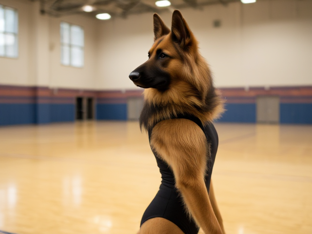 A anthropomorphic long haired German shepherd wearing a gymnastics leotard in a gymnasium
