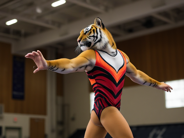 Tiger performing gymnastics in a vibrant, striped leotard, inside a well-lit gymnasium, focusing on dynamic movement and grace