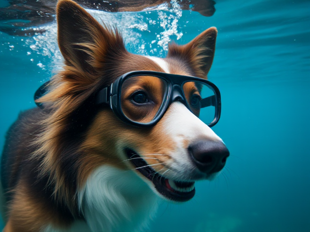 A rough collie wearing Freediving goggles underwater