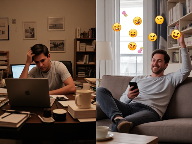 Create a realistic two-panel meme image featuring two people. On the left side, show a stressed-out person sitting at a cluttered desk in a dimly lit room. They appear drained and frustrated, with one hand on their forehead and the other hovering over a keyboard. The desk is filled with coffee mugs, notebooks, and a laptop displaying low engagement stats. Their face shows exhaustion and disappointment, reflecting the feeling of working hard but seeing no results. On the right side, show a different person relaxing on a couch in a bright, well-lit room. This person looks carefree and ecstatic, with a joyful expression, as if they've just hit the jackpot. They’re holding a smartphone, surrounded by floating icons like thumbs-up, dollar signs, and emojis that indicate success. The scene suggests they stumbled upon unexpected success effortlessly. No text included.