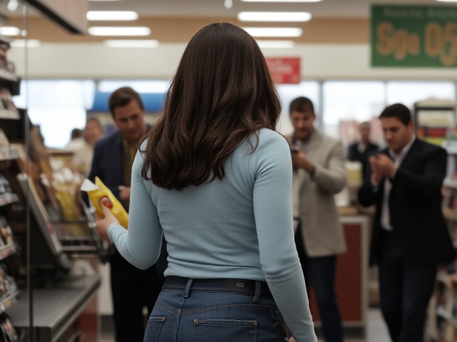 Actress with a curvy back, dark brown hair, wearing a light blue long sleeve top and jeans, nervously buying a bag of chips from a store clerk. In the background, two men are attempting to eliminate her