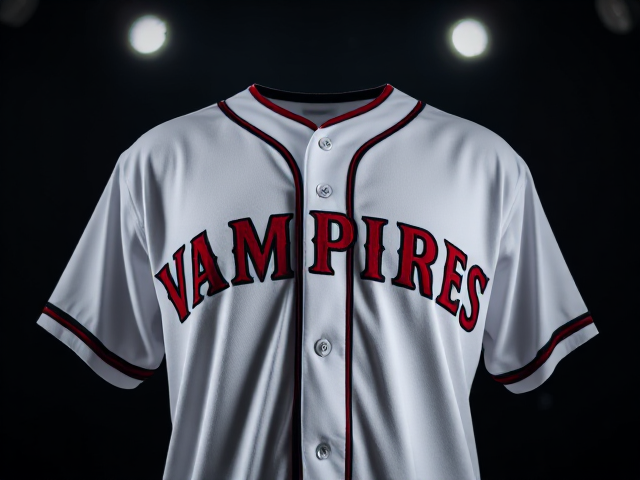A white baseball jersey with vampires written across the front in red and black with black and red piping around the neck and cuffs of the jersey