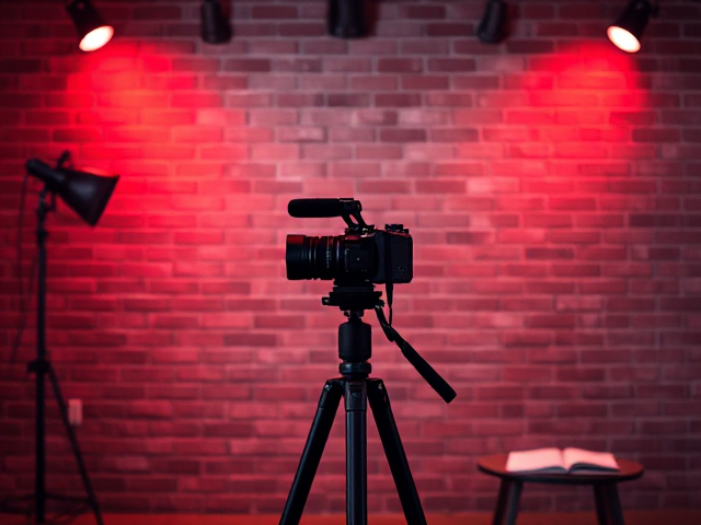 A modern and cinematic studio background designed for a Video Animation and Graphic Designing Mentor. The scene features a stylish brick wall with a mix of red and white spotlighting, creating a warm and visually dynamic ambiance. In the background, a professional camera is subtly placed on a tripod, along with a notebook and some design-related props neatly arranged as extra tools for use. The lighting is soft and dramatic, with a cinematic glow emphasizing the texture of the bricks and the creative environment. The overall design is clean, inspiring, and visually captivating.