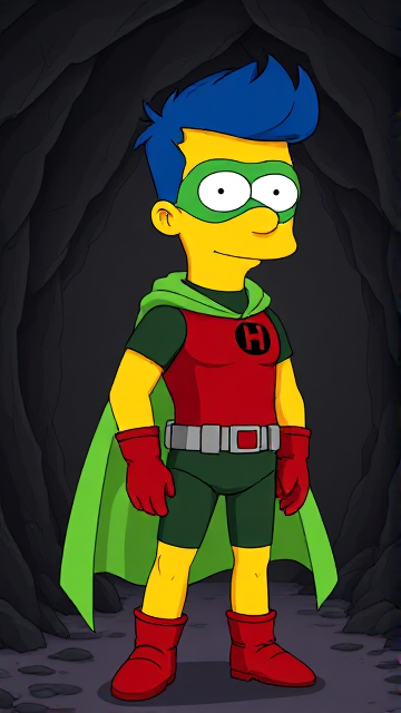 Cartoon scene: Milhouse Van Houten from The Simpsons, with his yellow skin, really big round nose, and blue hair that's slicked back and curled up at the top, but as a tall, 18-year old teenager, dressed as a parodied version of Robin, The Boy Wonder, with an extremely muscular body, wearing a dark green bodysuit with a red torso adorned with a small black circle with a light-green "H" symbol on his left pectoral, a silver utility belt with a red square buckle with silver pouches attached to it that hold all of his unique gadgets, red boots, red long-cuffed gloves, a really big, toe-length long, ultra-wide light-green cape wreathed around his neck held up by an inverted silver triangular button, and a light-green eye mask with optical lenses in it that protects his true identity, now known as Houseboy, The Nerd Wonder, the other half of Springfield's Dynamic Duo, and one of the greatest vigilante superheroes ever known in Springfield. In this scene, Houseboy is currently standing in a dark cavern, searching for a lost citizen that has been kidnapped.