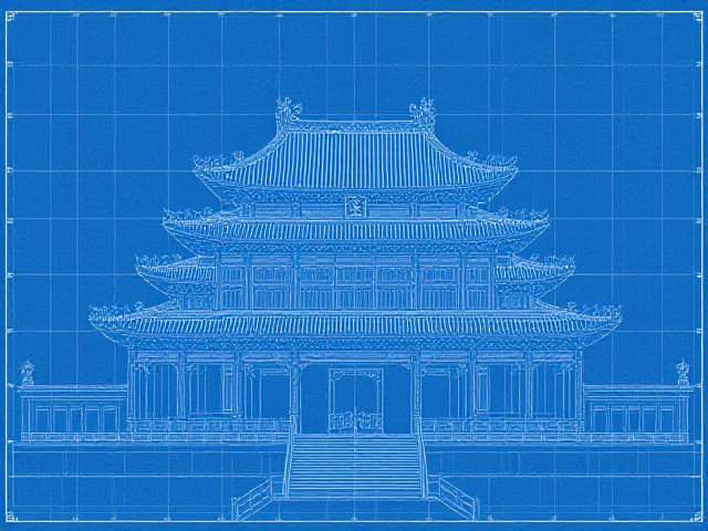 A blueprint of a large Chinese temple, with a front view and top details. In blue and white.