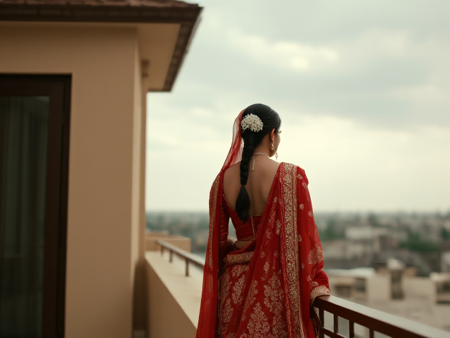 Indian woman in traditional Nikkah clothing with back turned on a balcony roof, skinny