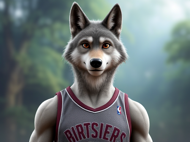 A tall and lean anthropomorphic gray wolf basketball player