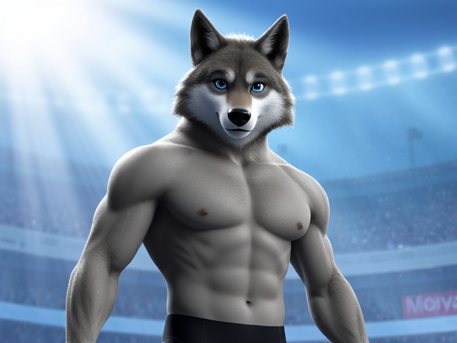 A tall gray wolf Olympic swimmer with long arms, short legs, broad shoulders and a long torso wearing a one piece swimsuit