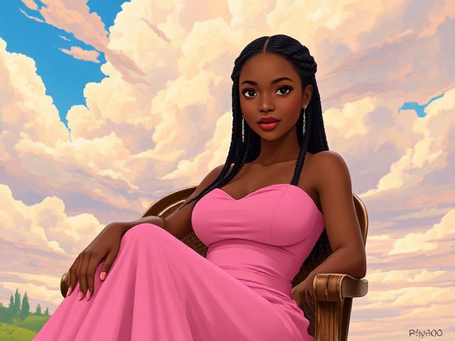 jeune femme noire de 19 ans avec des tresses, portant une élégante robe rose, assise gracieusement sur une chaise dans un environnement lumineux et détaillé