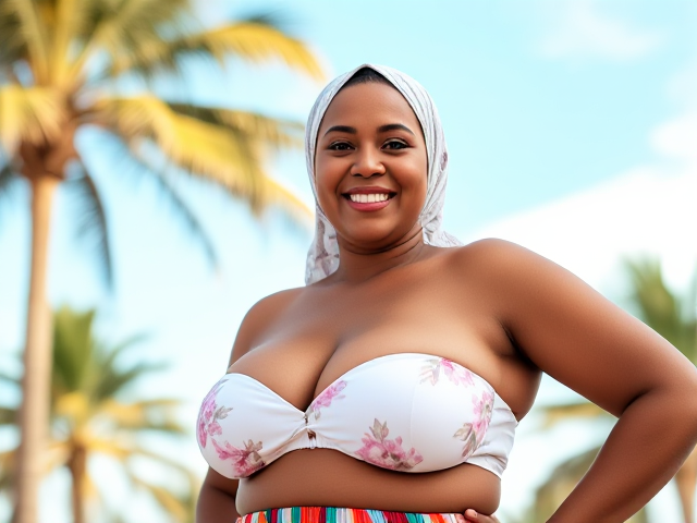 A confident and cheerful curvy older arab woman wearing a hijab on her head, posing behind a bright blue sky with palm trees. She wears a white floral-patterned bikini top that exposes her curvy cleavage and a exotic underskirt, exuding a warm and relaxed summer vibe. The setting is outdoors, with soft natural light enhancing her vibrant and friendly expression.