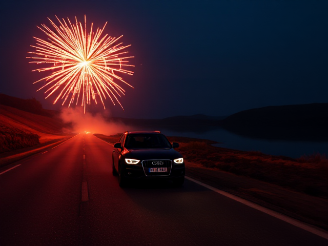Star in firework light a Audi driving down a massive road with a lake on the right at night