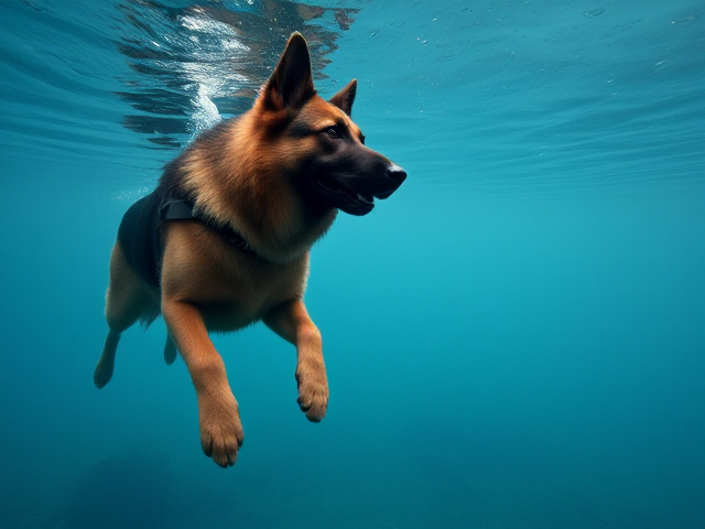 A long haired German shepherd prepares for a long freedive