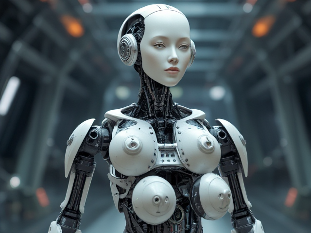 Fembot with a disassembled body, showcasing intricate robotic components and delicate circuitry, set against a futuristic background, human head