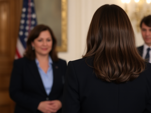 Brunette wearing a light blue blouse and a black suit viewed from behind meeting the president